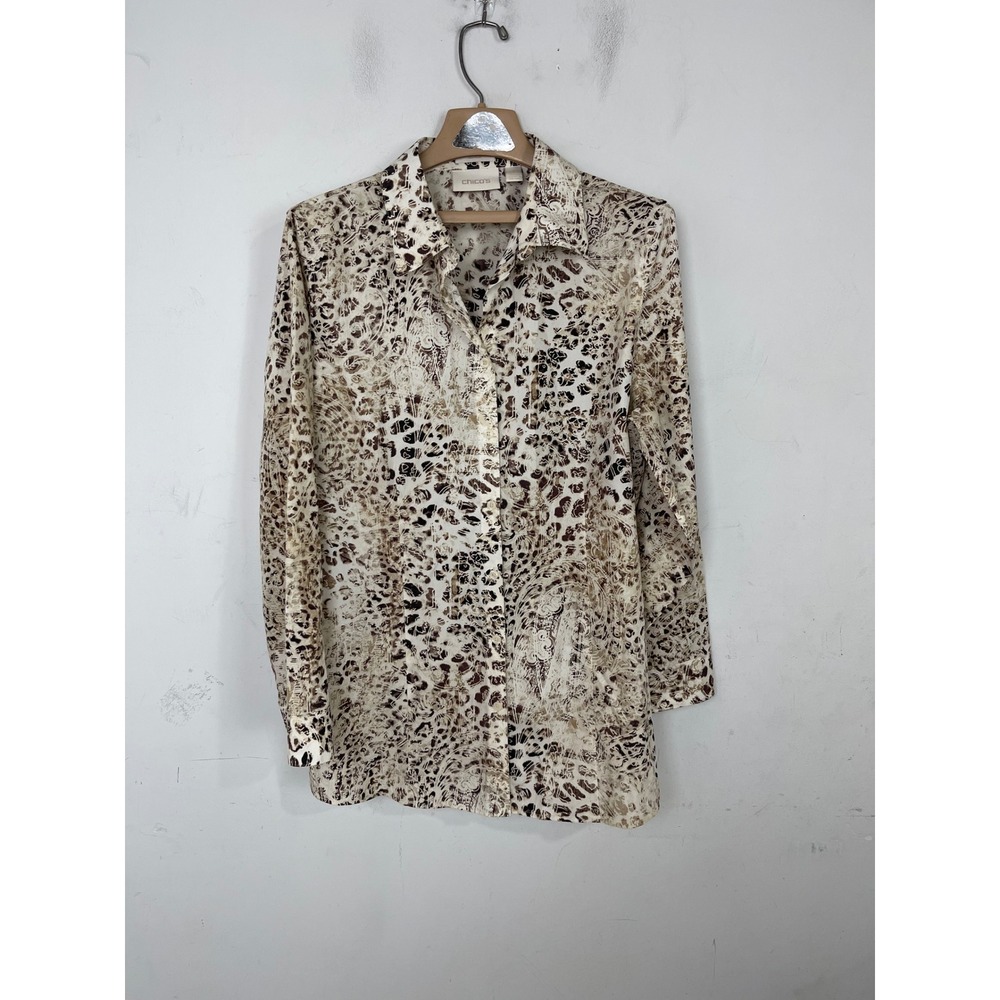 Chicos No Iron Button Down Shirt‎ Womens 3 Large Tan Brown Animal Print Paisley